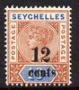 Seychelles 1893 QV surcharged 12c on 16c chestnut & blue die II mounted mint SG 17