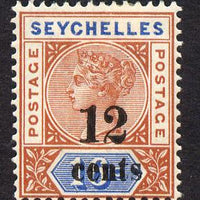 Seychelles 1893 QV surcharged 12c on 16c chestnut & blue die II mounted mint SG 17