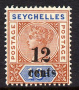 Seychelles 1893 QV surcharged 12c on 16c chestnut & blue die II mounted mint SG 17