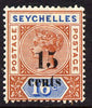 Seychelles 1893 QV surcharged 15c on 16c chestnut & blue die I mounted mint SG 18