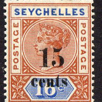 Seychelles 1893 QV surcharged 15c on 16c chestnut & blue die I mounted mint SG 18