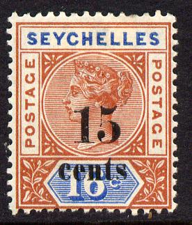 Seychelles 1893 QV surcharged 15c on 16c chestnut & blue die I mounted mint SG 18