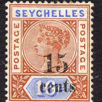 Seychelles 1893 QV surcharged 15c on 16c chestnut & blue die II unused without gum SG 19