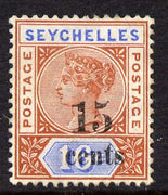 Seychelles 1893 QV surcharged 15c on 16c chestnut & blue die II unused without gum SG 19