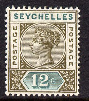Seychelles 1893 QV Key Plate Crown CA die II - 12c sepia & green mounted mint SG 23