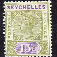 Seychelles 1893 QV Key Plate Crown CA die II - 15c sage-green & lilac mounted mint SG 24