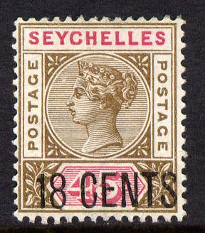 Seychelles 1896 QV surcharged 18c on 45c brown & carmine mounted mint SG 26