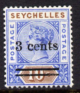 Seychelles 1901 QV surcharged 3c on 10c ultramarine & brown mounted mint SG 37