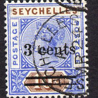 Seychelles 1901 QV surcharged 3c on 10c ultramarine & brown cds used SG 37