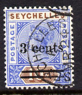 Seychelles 1901 QV surcharged 3c on 10c ultramarine & brown cds used SG 37