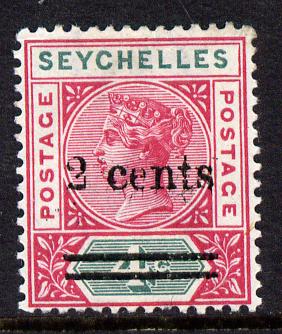 Seychelles 1902 QV surcharged 2c on 4c carmine & green mounted mint SG 41