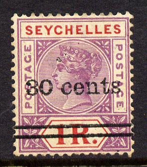 Seychelles 1902 QV surcharged 30c on 1r bright mauve & red mounted mint SG 43