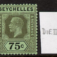 Seychelles 1917-22 KG5 MCA die II - 75c black on emerald mounted mint SG 93a