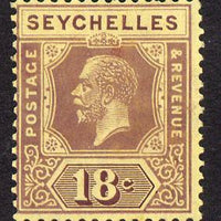 Seychelles 1921-32 KG5 Script CA die II - 18c purple on yellow mounted mint SG 112