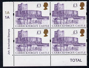 Great Britain 1997 Castle High Value £3 (Enschede printing) SW corner block of 4 with plate nos 1A-1A unmounted mint, SG 1995