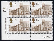 Great Britain 1997 Castle High Value £5 (Enschede printing) SW corner block of 4 with plate nos 1A-1A unmounted mint, SG 1996