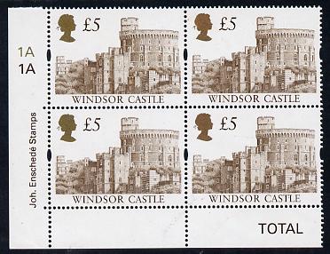 Great Britain 1997 Castle High Value £5 (Enschede printing) SW corner block of 4 with plate nos 1A-1A unmounted mint, SG 1996