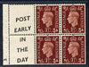Great Britain 1937 KG6 1.5d red-brown booklet pane od 4 plus 2 labels (Post Early/ In the day),with cylinder number (G)46 lightly mounted with reasonable perfs SG QB23(14)