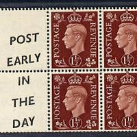 Great Britain 1937 KG6 1.5d red-brown booklet pane od 4 plus 2 labels (Post Early/ In the day),with cylinder number (G)46 lightly mounted with reasonable perfs SG QB23(14)