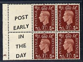 Great Britain 1937 KG6 1.5d red-brown booklet pane od 4 plus 2 labels (Post Early/ In the day),with cylinder number (G)46 lightly mounted with reasonable perfs SG QB23(14)