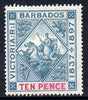 Barbados 1897-98 Diamond Jubilee 10d blue-green & carmine heavily mounted mint SG 123