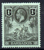 Barbados 1912-16 KG5 MCA 1s black on green mounted mint SG 178