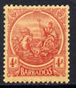 Barbados 1921-24 Britannia MCA 4d red on pale yellow mounted mint SG 214