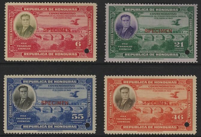 Honduras 1937 Re-election of President (Carias Bridge) set of 4 unmounted mint optd SPECIMEN each with security punch hole (ex ABN Co archives) SG 376-79