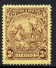 Barbados 1925-35 Britannia Script CA 3d purple on pale yellow mounted mint SG 234