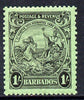 Barbados 1925-35 Britannia Script CA 1s black on emerald P13.5x12.5 mounted mint SG 237a