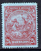 Barbados 1925-35 Britannia Script CA 2s6d carmine on blue mounted mint SG 238a