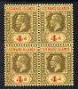 Leeward Islands 1921-32 KG5 Script CA 4d black & red on yellow Die II block of 4 unmounted mint but light overall toning SG 70