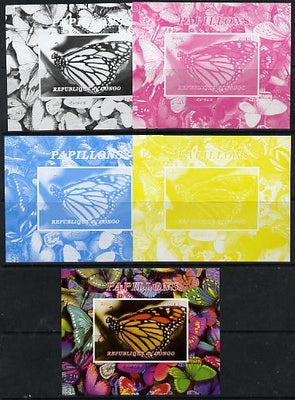 Congo 2013 Butterflies #1 deluxe sheet - the set of 5 imperf progressive colour proofs comprising the 4 basic colours plus all 4-colour composite unmounted mint