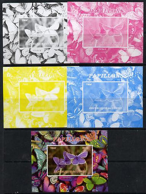 Congo 2013 Butterflies #5 deluxe sheet - the set of 5 imperf progressive colour proofs comprising the 4 basic colours plus all 4-colour composite unmounted mint