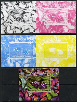 Congo 2013 Butterflies #6 deluxe sheet - the set of 5 imperf progressive colour proofs comprising the 4 basic colours plus all 4-colour composite unmounted mint