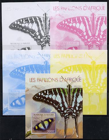 Burundi 2013 Butterflies #2 deluxe sheet - the set of 5 imperf progressive colour proofs comprising the 4 basic colours plus all 4-colour composite unmounted mint
