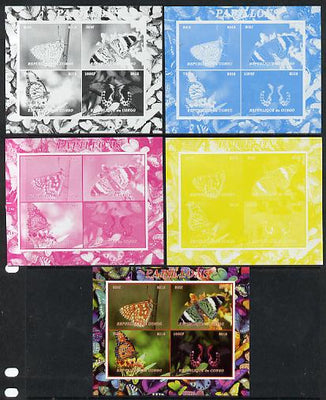 Congo 2013 Butterflies #3 sheetlet containing 4 vals - the set of 5 imperf progressive colour proofs comprising the 4 basic colours plus all 4-colour composite unmounted mint