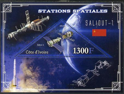 Ivory Coast 2013 Space Stations - Saliout-1 perf m/sheet containing triangular value unmounted mint