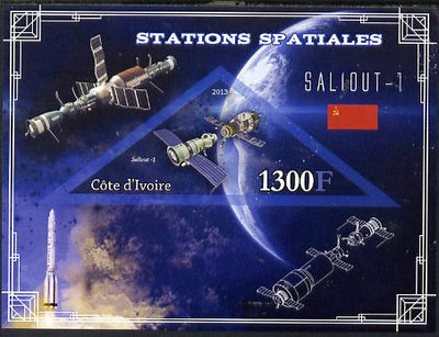 Ivory Coast 2013 Space Stations - Saliout-1 imperf m/sheet containing triangular value unmounted mint