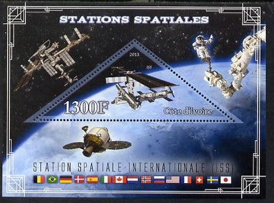 Ivory Coast 2013 Space Stations - International Space Station (ISS) perf m/sheet containing triangular value unmounted mint