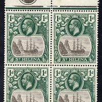 St Helena 1922-37 KG5 Badge Script 1d top marginal block of 4 with plate no.1, includes variety 'Bottom vignette frame line broken twice' (stamp 24) unmounted mint SG 98var