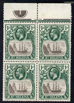 St Helena 1922-37 KG5 Badge Script 1d top marginal block of 4 with plate no.1, includes variety 'Bottom vignette frame line broken twice' (stamp 24) unmounted mint SG 98var