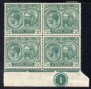 St Kitts-Nevis 1921-29 KG5 Script CA Columbus 1/2d blue-green marginal block of 4 with plate no.1 unmounted mint light crease, SG 37