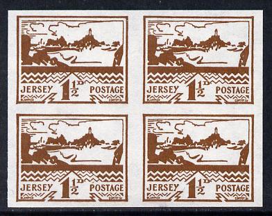 Jersey 1943-44 Occupation 1.5d brown imperf block of 4 as designed by Blampied on ungummed paper and assumed to be a reprint, as SG 5