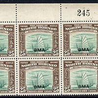 North Borneo 1945 BMA overprinted on Native Boat 25c NE corner block of 6 with sheet number unmounted mint, SG 330
