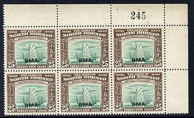 North Borneo 1945 BMA overprinted on Native Boat 25c NE corner block of 6 with sheet number unmounted mint, SG 330