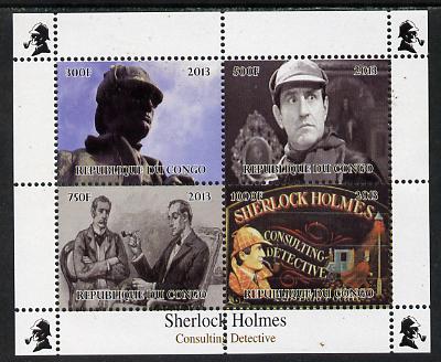 Congo 2013 Sherlock Holmes #2 perf sheetlet containing 4 vals unmounted mint. Note this item is privately produced and is offered purely on its thematic appeal