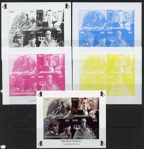 Congo 2013 Sherlock Holmes #4 sheetlet containing 4 vals - the set of 5 imperf progressive colour proofs comprising the 4 basic colours plus all 4-colour composite unmounted mint