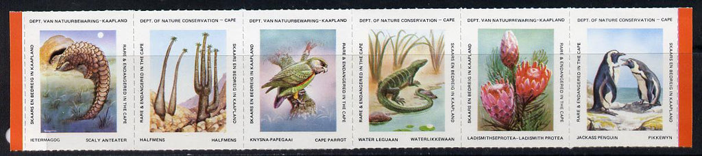 Cinderella - South Africa Rare & Endangered Species #2 horizontal strip of 6 undenominated values unmounted mint, issued by Dept of Nature Conservation, Cape Town