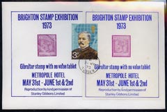 Exhibition souvenir sheet for 1973 Brighton Stamp Exhibition showing Gibraltar QV 'no value' error on cover bearing 3p Explorers stamps and cancelled for the first day of the Exhibition